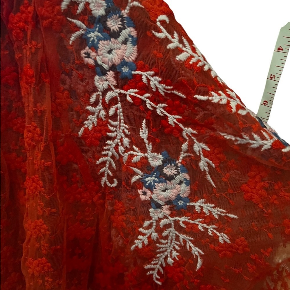 Free People Embroidered Red sheer jubilee top sz M - Picture 7 of 8